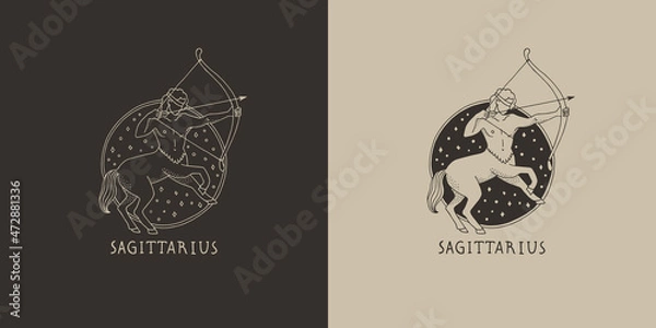 Fototapeta Outline zodiac sign Sagittarius. Astrological symbol. Horoscope. Set of two variants of logos on a dark and light background