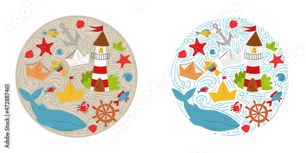 Fototapeta Vector illustration, round marine composition for cards, banners, prints and other designs. Bright nautical set with lighthouse, paper ships and sea animals