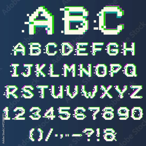 Fototapeta Pixel alphabet with glitch effect, vector modern font. Letters, numbers, punctuation marks