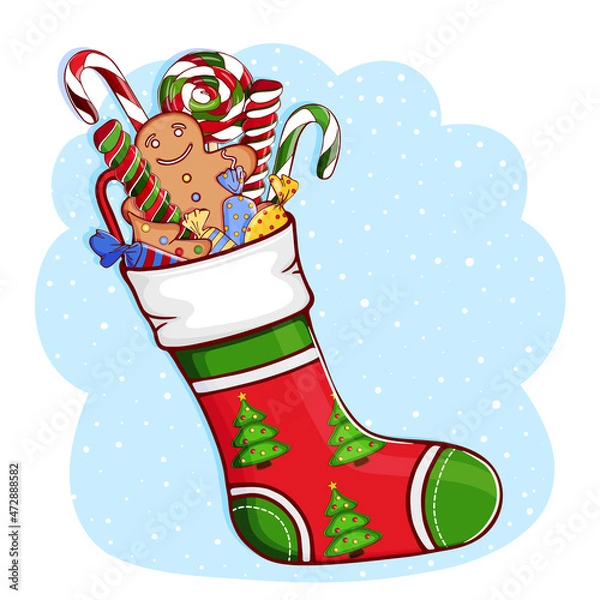 Fototapeta Christmas sock with gifts. Stocking with pattern of Xmas tree on a snow background. Festive decorations: lollipops (lollypops), Christmas gingerbread cookies, candies. Vector illustration. Hand drawn.