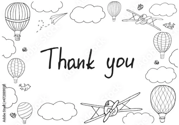 Fototapeta Vector illustration, handwritten words 'Thank you' in hand drawn frame. Outlines in cartoon style. Editable template with layers for posters, cards, postcards, prints and other design