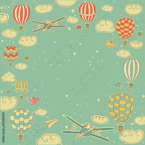Fototapeta Vintage square frame with texture. Vector illustration with hot air balloons and planes in the sky. Creative template for posters, cards, invitations and othe designs with place for text. Esp 10