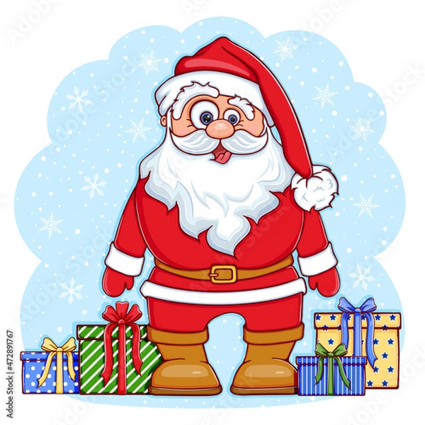 Fototapeta Merry santa claus in cartoon style with gifts boxes on a light blue backdrop with snowflakes. Christmas card for a Happy New Year. Drawn by hand. Illustration isolated on white background.