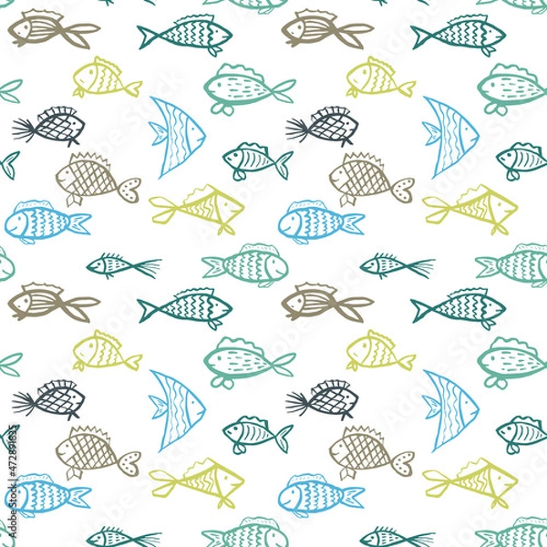 Fototapeta Colorful vector pattern with hnd drawn fishes. Creative ornament for covers, backgrounds, textile and interior decoration