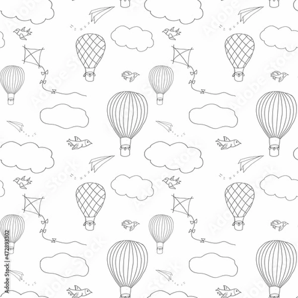 Fototapeta Seamless vector pattern, hand drawn hot air baloons flying in the sky. Pattern for backgrounds, wrapping paper, fabrics and other designs