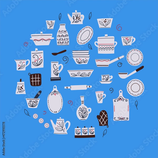 Obraz Set of ceramic tableware with floral print, cups, plates, bowls