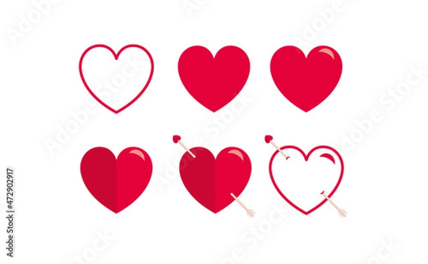 Fototapeta Collection of heart illustrations. Love symbols. Set of red hearts icons. Geometric. Simple. Outline. Shiny. Romance. Different heart shapes. Style. Flat design. Passionate. Arrowed heart. Vector.
