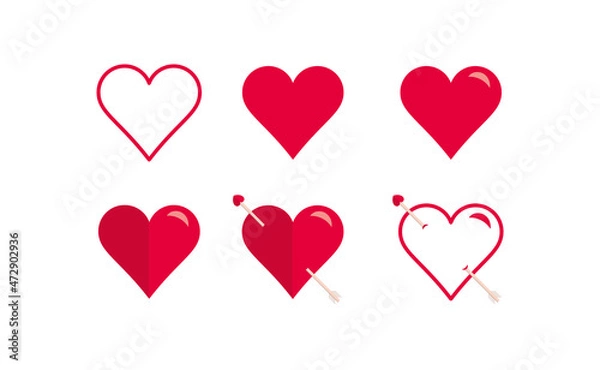 Fototapeta Collection of heart illustrations. Love symbols. Set of red hearts icons. Geometric. Simple. Outline. Shiny. Romance. Different heart shapes. Style. Flat design. Passionate. Arrowed heart. Vector.