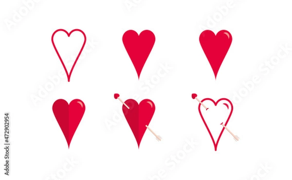 Fototapeta Collection of heart illustrations. Love symbols. Set of red hearts icons. Geometric. Simple. Outline. Shiny. Romance. Different heart shapes. Style. Flat design. Passionate. Arrowed heart. Vector.