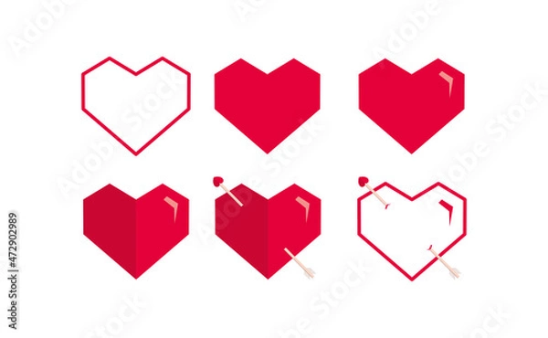 Fototapeta Collection of heart illustrations. Love symbols. Set of red hearts icons. Geometric. Simple. Outline. Shiny. Romance. Different heart shapes. Style. Flat design. Passionate. Arrowed heart. Vector.