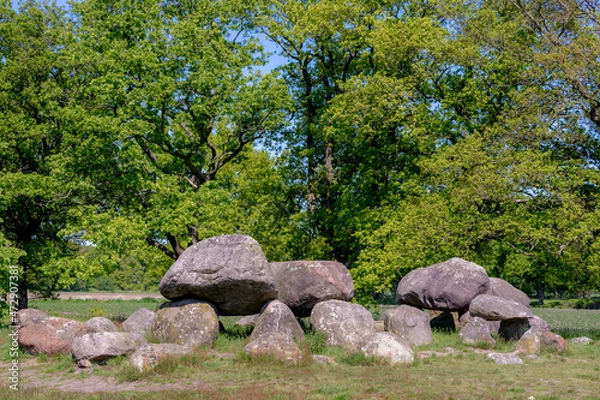 Fototapeta Hunebedden on the Assen-Groningen, A dolmen is a type of single-chamber megalithic tomb, Usually consisting of two or more vertical, It is the only hunebed in the Dutch province, Drenthe, Netherlands.