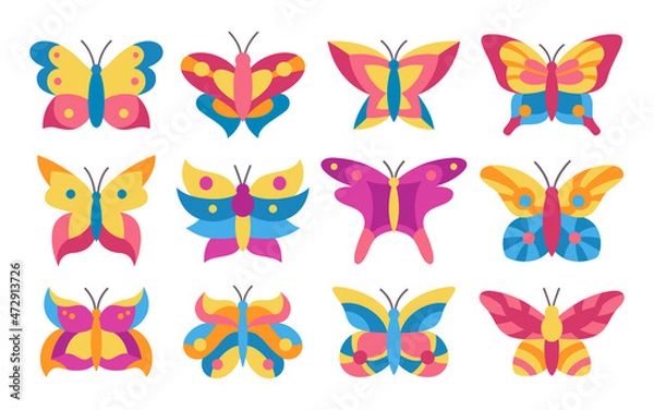 Fototapeta Butterfly color ornate set. Elegant exotic butterflies and moths isolated illustration. Abstract stylized tropical insect, bright wings. Wildlife childrens hand drawn symbol design elements vector
