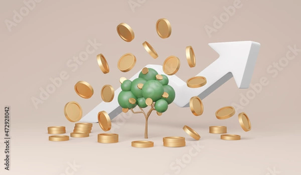 Fototapeta 3D Rendering trees with coins falling down and arrow graph rising up on background concept of money tree financial investment. 3D Render illustration. Economic growth.