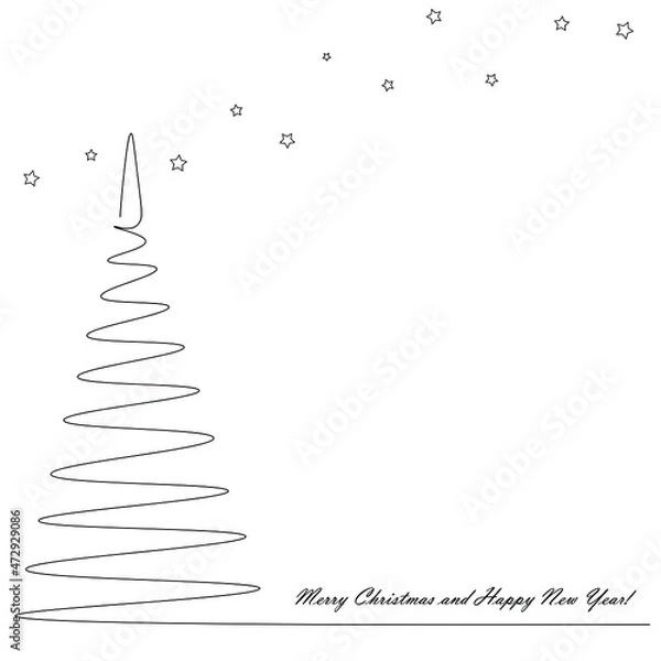 Fototapeta Christmas card with tree line drawing vector illustration