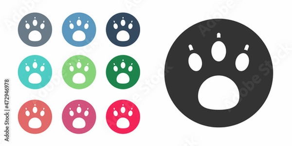 Fototapeta Black Paw search icon isolated on white background. Magnifying glass with animal footprints. Set icons colorful. Vector