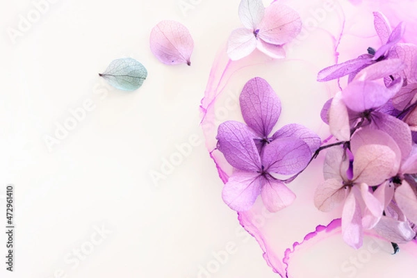 Fototapeta Creative image of pastel violet and pink Hydrangea flowers on artistic ink background. Top view with copy space