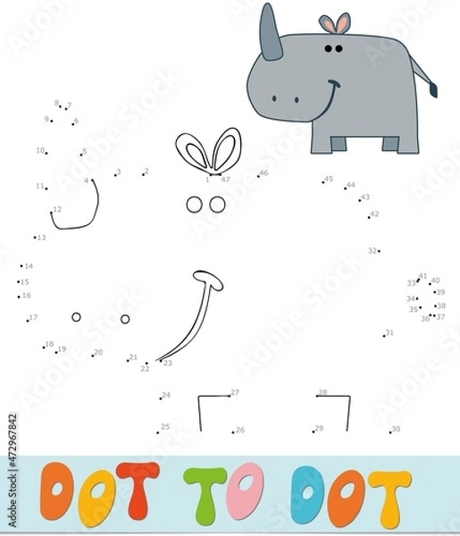 Fototapeta Dot to dot puzzle for children. Connect dots game. Rhino  illustration