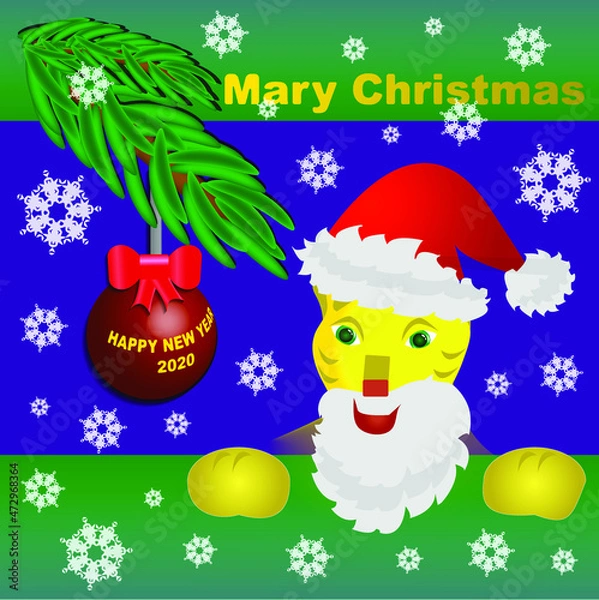 Obraz New Year's card a ball on the branches of a Christmas tree and a tiger in a Santa Claus costume