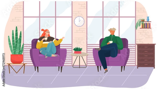 Fototapeta Relaxed people are talking together, sitting in comfortable armchairs with hot drinks.. Man and woman communicating, resting in studio. Positive communication of friends during coffee break