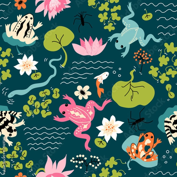 Obraz Frog Pattern. Vector background with snake, water striders, leaves, flowers, lotus, Water Lillies, waves.  Perfect for cards, wrapping paper, printing on the fabric, design package and cover