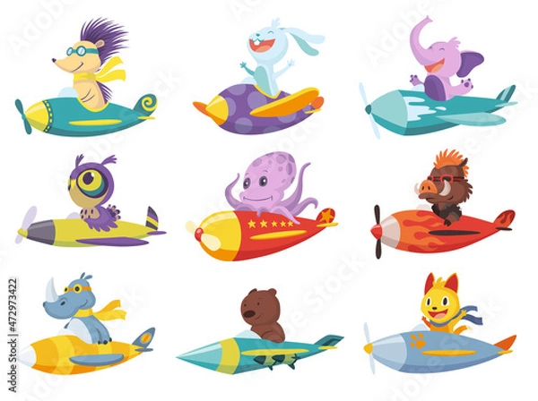 Fototapeta Set of cute baby animals cat, elephant, bear on airplanes. Collection of funny pilots lion, rhinoceros, owl octopus flying on planes. Cartoon  characters flying on retro transport