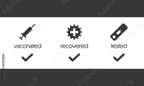Fototapeta Corona access regulation notice with vector icons, english text and additional check signs arranged on top of each other on white background with grey bars on top and bottom in landscape format 