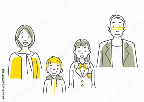 Fototapeta ミドル夫婦と２人の子供の家族イラストセット　シンプルでお洒落な線画イラスト