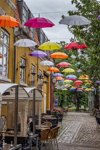 Fototapeta Beautiful view of old port town with charming buildings in Svendborg, Denmark