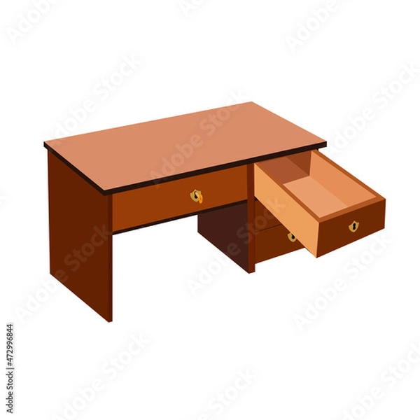 Obraz A desk with an open drawer. Vector image of a desktop with an extended drawer. There's a key in the lock in the top drawer