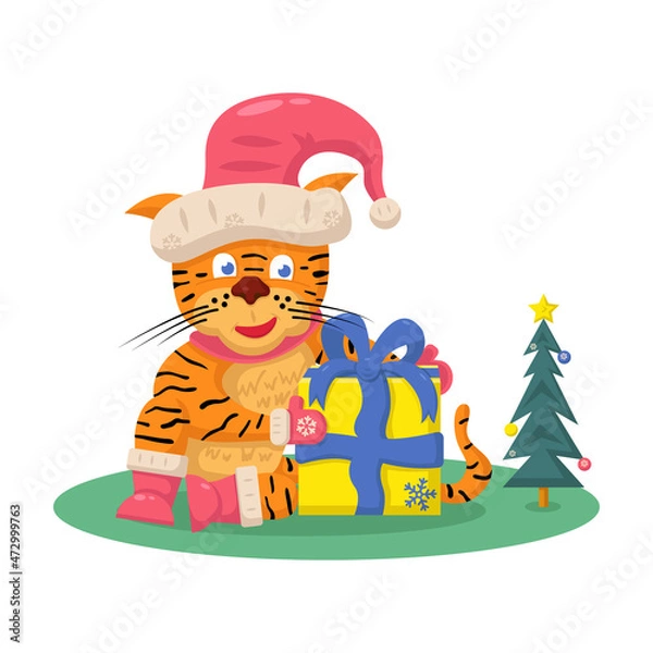 Fototapeta tiger with a gift, the main symbol of 2022