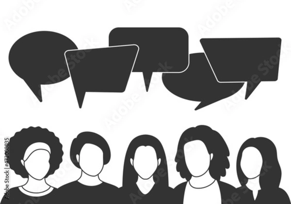 Fototapeta People avatars with speech bubbles. Men and woman communication, talking llustration. Coworkers, team, thinking, question, idea, brainstorm concept.