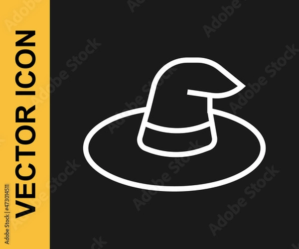 Fototapeta White line Witch hat icon isolated on black background. Happy Halloween party. Vector