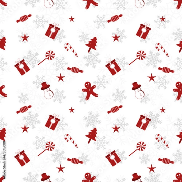 Fototapeta Christmas object silhouette repeat pattern in red color on flat white color background. Christmas object seamless pattern.