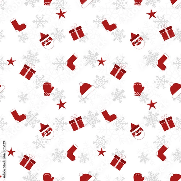 Fototapeta Christmas object silhouette repeat pattern in red color on flat white color background. Christmas object seamless pattern.