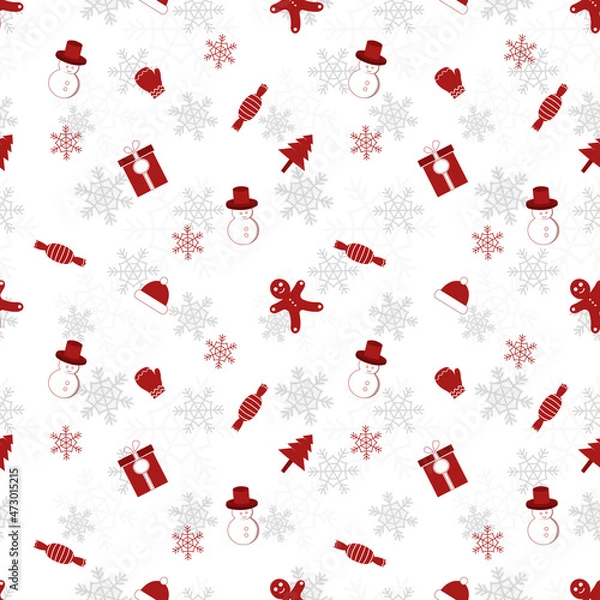 Fototapeta Christmas object silhouette repeat pattern in red color on flat white color background. Christmas object seamless pattern.