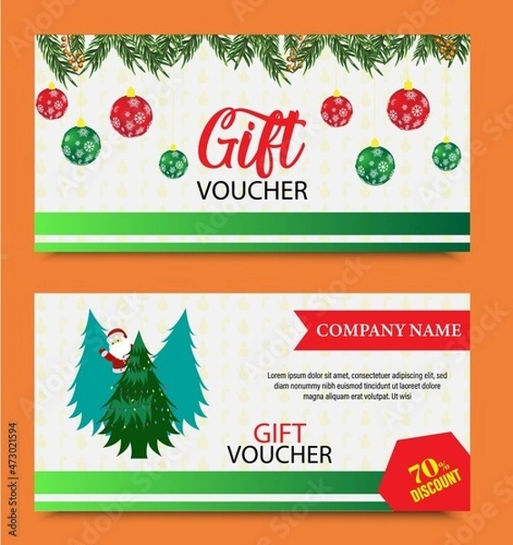 Fototapeta Gift voucher template with Christmas tree and modern pattern.