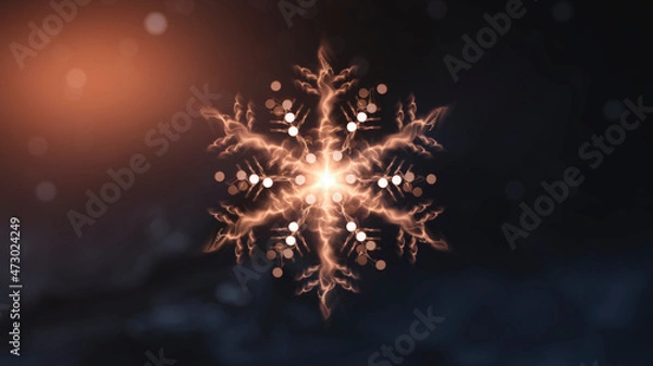 Fototapeta Dark festive background with golden snowflake, snow, abstract golden Christmas decoration with festive lights. New Year's abstraction, magical holiday atmosphere. 3d illustration. 