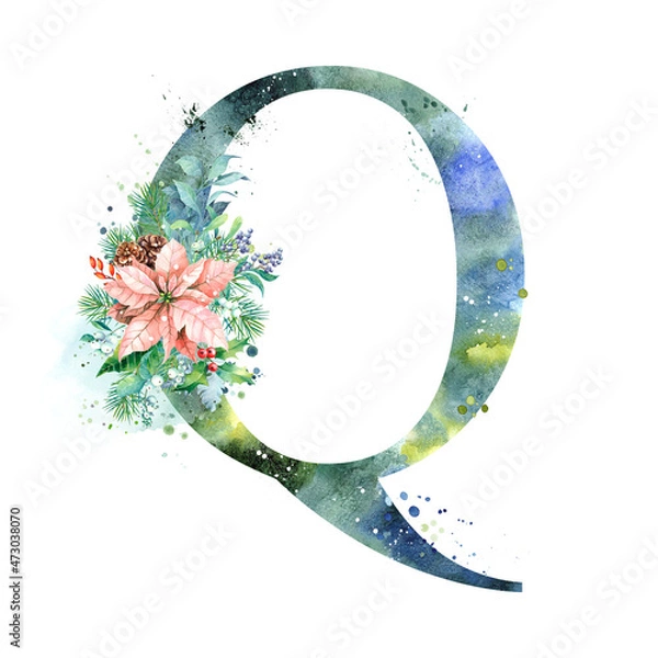 Fototapeta Watercolor Letter, Monogram Q. Watercolor Design. Watercolor letter with Poinsettia.