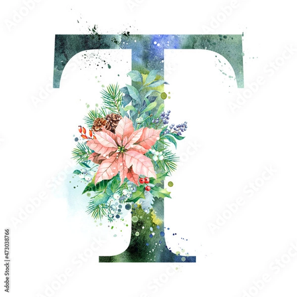 Fototapeta Watercolor Letter, Monogram T. Watercolor Design. Watercolor letter with Poinsettia.