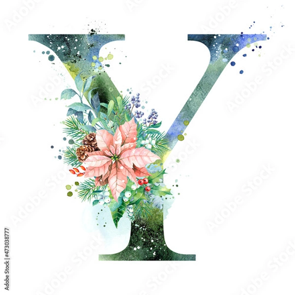 Fototapeta Watercolor Letter, Monogram Y. Watercolor Design. Watercolor letter with Poinsettia.