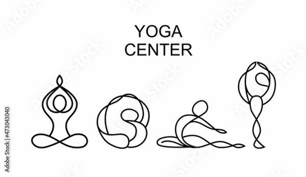 Fototapeta Yoga icons isolated on white background. Vector yoga woman logotypes in line style. Outline design symbols.
