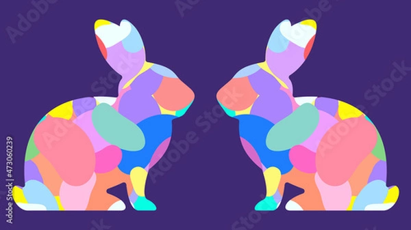 Fototapeta Bunny rabbit silhouette filled with bright party colors. Bunny outline filled with multicolor speckled egg shapes. Modern and preppy fashion. Easter party and chocolate theme