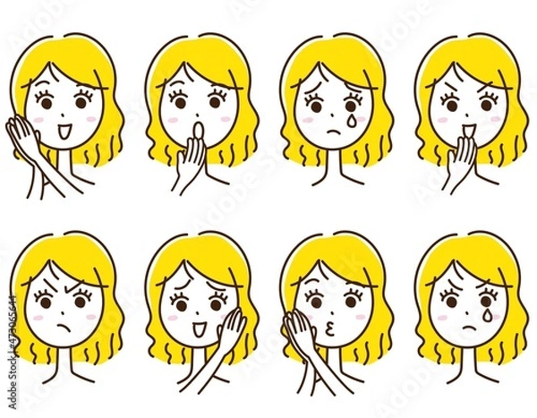 Fototapeta 女性　金髪　表情　喜怒哀楽　手描き　セット