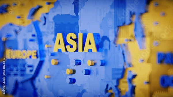 Fototapeta World map, Asia 3d in blu and yellow colors with shadows and glowing edges. 3d rendering.