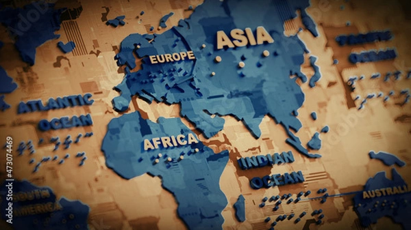 Fototapeta World map 3d in blu colors with shadows and glowing edges. 3d rendering.