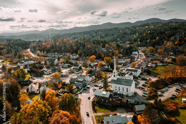 Obraz Aerial view of small charming Community Church in ski town of Stowe, Vermont