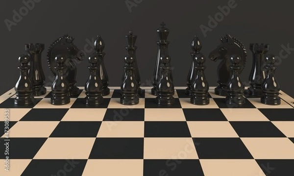 Fototapeta Black chess pieces on a chessboard on a dark background. 3d rendering