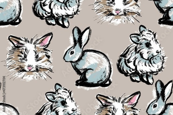 Fototapeta Seamless pattern. White rabbits on a beige background. Illustration in the style of a casual vintage sketch by hand. Vector.