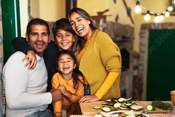 Obraz Happy Hispanic family enjoying holidays together at home