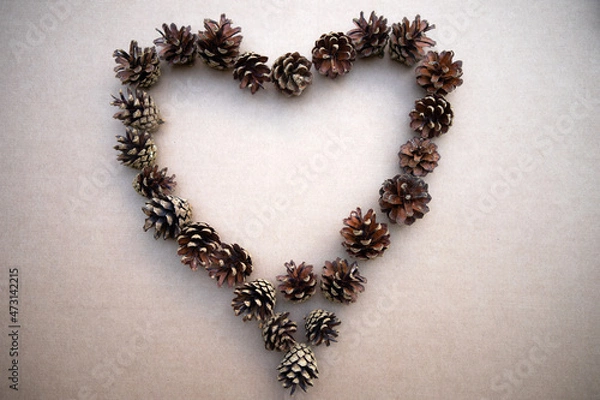 Fototapeta Cones in the shape of a heart on a cardboard isolate. New Year 's background . Pine cones.